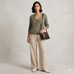 Vintage J.Crew 100% Silk Knit Cardigan Womens L Olive Green Made in Hong Kong
